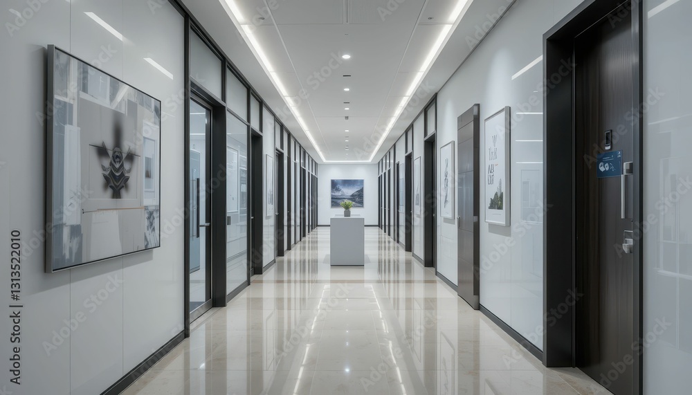 Modern Office Hallway with Art Displays and Bright Lighting Modern Office Hallway with Art Displays and Bright Lighting