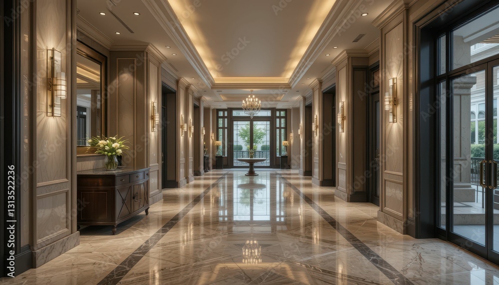 Elegant Hotel Lobby with Marble Floors and Luxurious Lighting Elegant Hotel Lobby with Marble Floors and Luxurious Lighting
