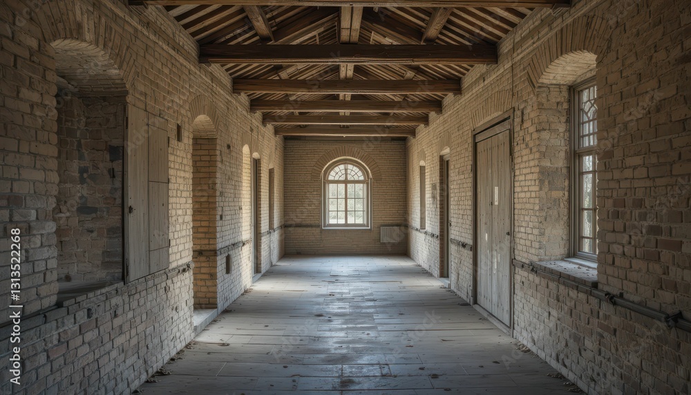 Abandoned Historical Hallway with Exposed Brick and Wooden Beams Abandoned Historical Hallway with Exposed Brick and Wooden Beams