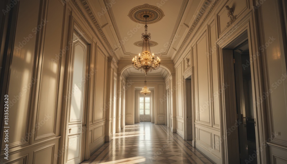 Elegant corridor with chandeliers and soft lighting in a classic style Elegant corridor with chandeliers and soft lighting in a classic style
