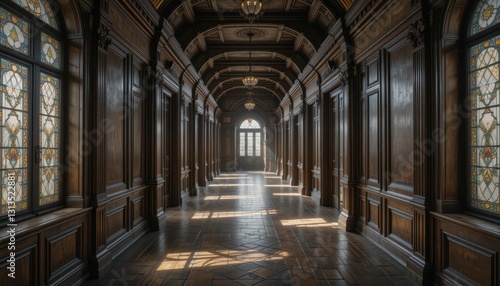 Elegant Interior Hallway with Wooden Paneling and Stained Glass Windows