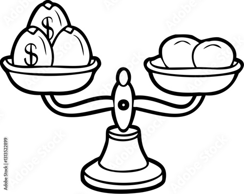 Balance scale showing money and eggs, symbolizing value comparison.