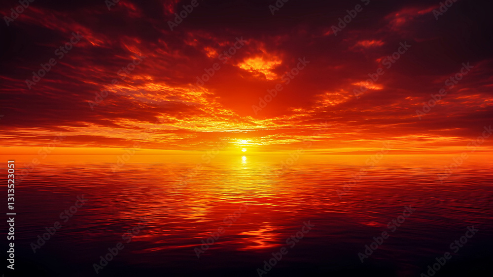 A fiery sunset sky with dramatic, swirling red and orange clouds over a calm ocean A fiery sunset sky with dramatic, swirling red and orange clouds over a calm ocean