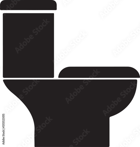 Simple black and white toilet symbol depicting modern minimalist design, commonly used for signage or illustrative purposes