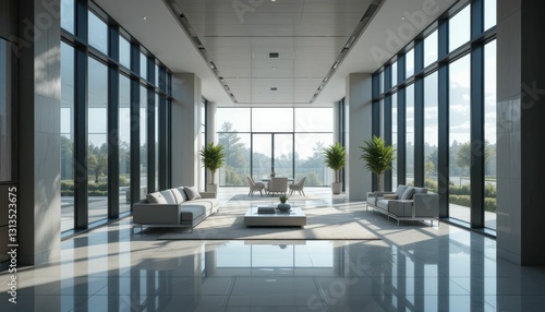 Modern Spacious Lobby with Large Windows and Stylish Furniture
