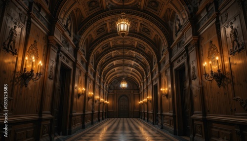 Elegant Grand Hallway with Arched Ceilings and Decorative Lighting