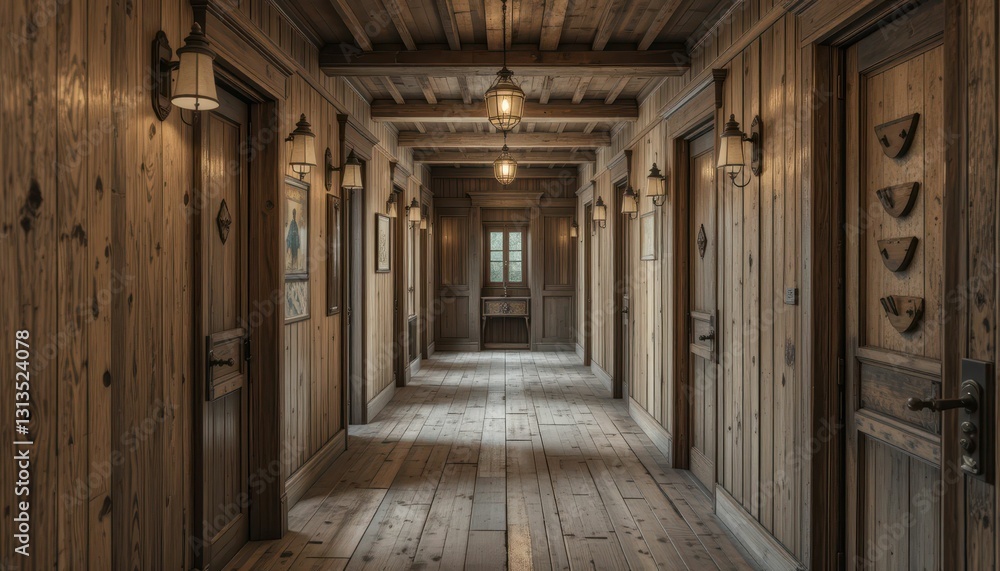 Rustic Wooden Corridor with Lanterns and Classic Doors Rustic Wooden Corridor with Lanterns and Classic Doors