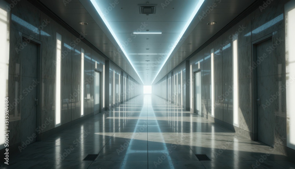 Modern Corridor with Bright Light at the End of the Hallway Modern Corridor with Bright Light at the End of the Hallway