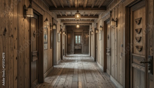 Rustic Wooden Corridor with Lanterns and Classic Doors