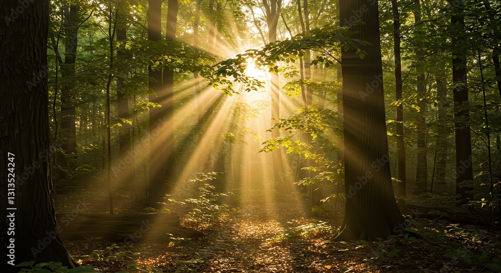Fototapeta premium Sunlight Streaming Through Forest Trees Creating a Magical, Peaceful Scene