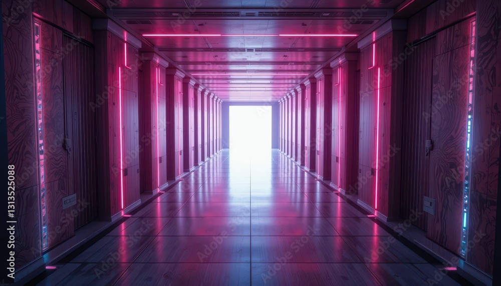 Futuristic Hallway with Neon Lights and Bright Open Doorway Futuristic Hallway with Neon Lights and Bright Open Doorway