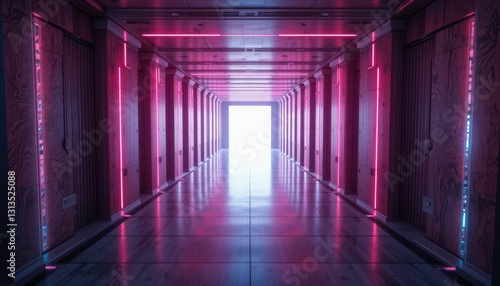 Futuristic Hallway with Neon Lights and Bright Open Doorway