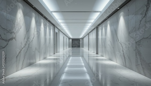 Modern Minimalist Marble Hallway with Bright Lighting and Reflection