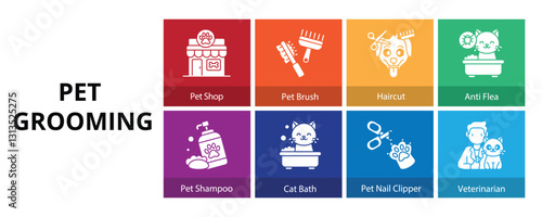 Pet Grooming Glyph Solid Banner Web Icon Set Vector Illustration, Pet Shop Brush Haircut Anti Flea Shampoo Bath Nail Clipper Veterinarian 