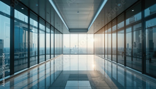 Modern Office Interior with Glass Windows and City View at Sunset