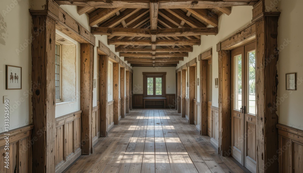 Rustic Wooden Corridor with Natural Light and Historic Design Elements Rustic Wooden Corridor with Natural Light and Historic Design Elements