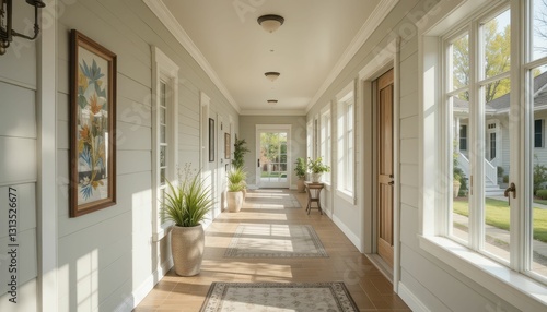 Bright and Inviting Hallway with Natural Light and Greenery
