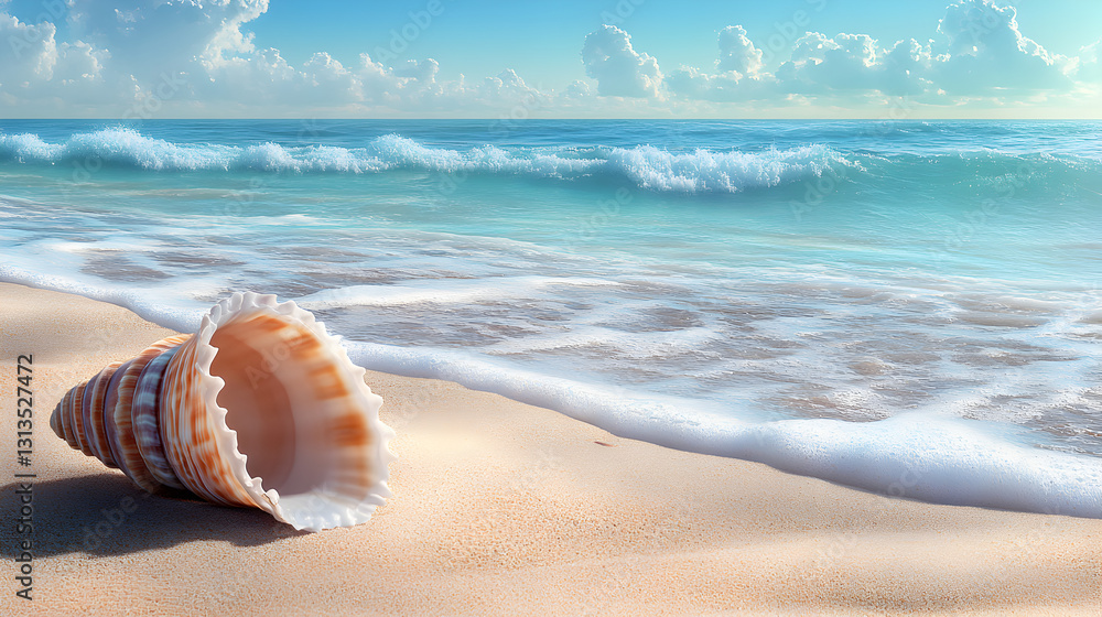 Seashell on Sandy Beach Ocean Wave Summer Vacation Seashell on Sandy Beach Ocean Wave Summer Vacation