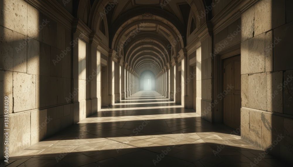 Fototapeta premium Serene Architectural Hallway Bathed in Natural Light and Shadows