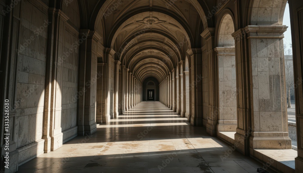 Elegant Stone Arches in an Empty Hallway with Dramatic Shadows Elegant Stone Arches in an Empty Hallway with Dramatic Shadows