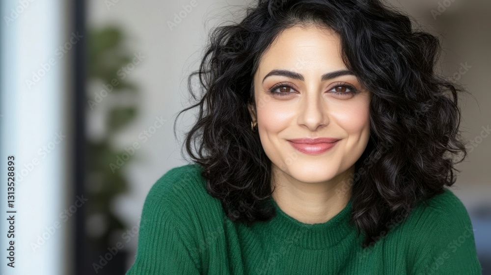 Smiling Woman with Curly Hair Wearing Green Sweater in Bright Setting Smiling Woman with Curly Hair Wearing Green Sweater in Bright Setting