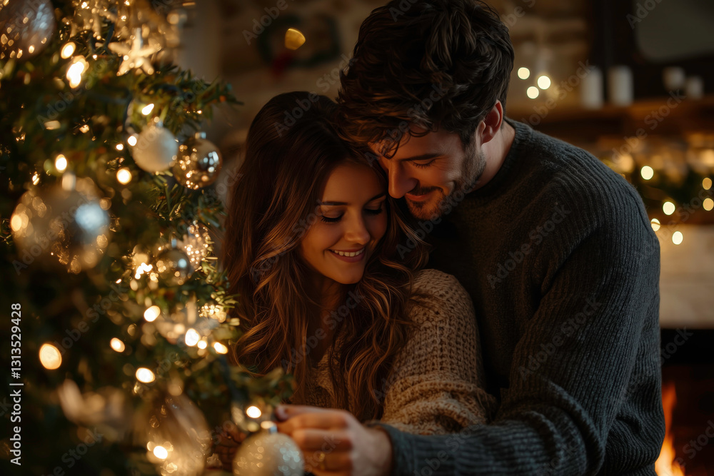 Fototapeta premium Happy Couple Cuddling in Front of a Christmas Tree