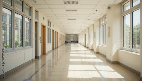 Bright and Spacious Hallway with Windows and Reflections on Floor