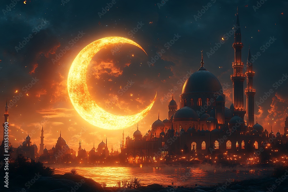 Fototapeta premium Vibrant Eid al-Fitr Celebration: Festive Lights, Joyful Moments, Rich Culture, Delicious Treats,