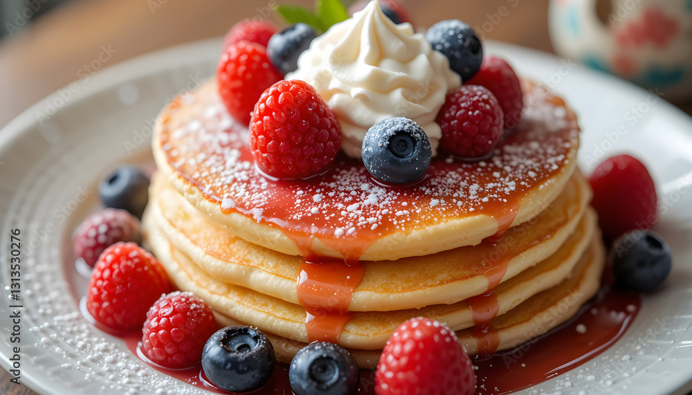 A delicious stack of pancakes topped with whipped cream, fresh raspberries, blueberries, syrup, and powdered sugar A delicious stack of pancakes topped with whipped cream, fresh raspberries, blueberries, syrup, and powdered sugar