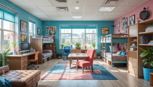 Cozy and Bright Shared Bedroom with Bunk Beds and Study Areas