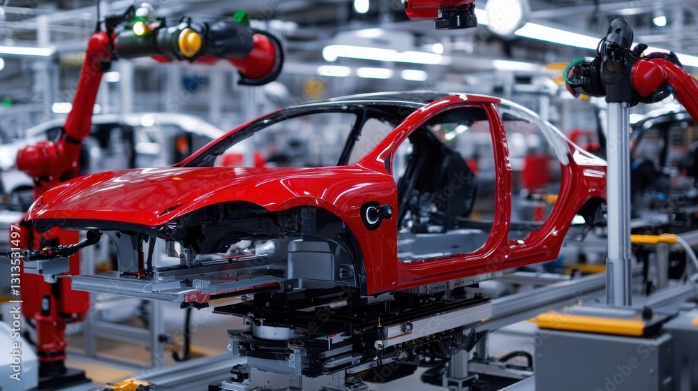 A high-tech automotive assembly line producing electric vehicles A high-tech automotive assembly line producing electric vehicles