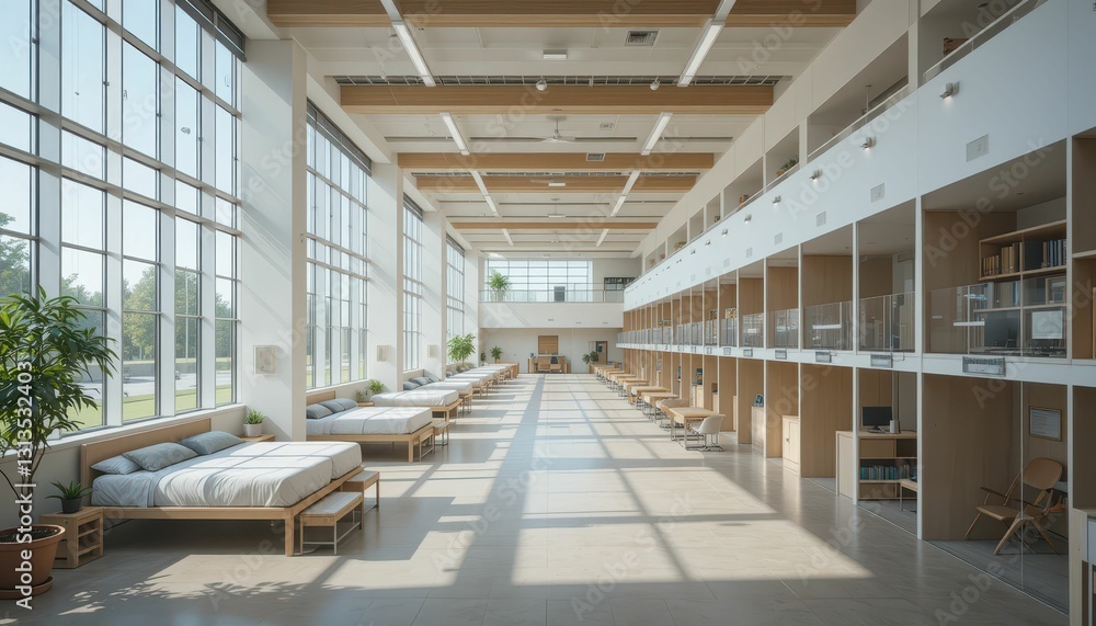 Modern Minimalist Interior of Open Space Dormitory Residence Modern Minimalist Interior of Open Space Dormitory Residence