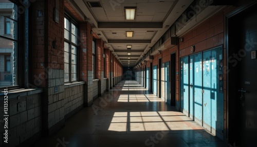 Empty Industrial Corridor with Shadows and Light Play in Daylight