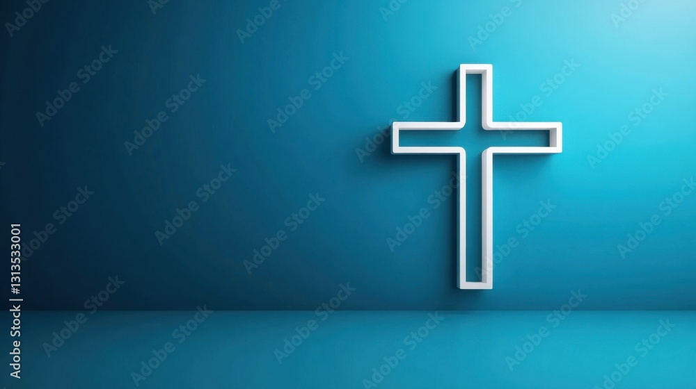Obraz premium A minimalist white cross on a teal blue wall. Simple, clean design, perfect for religious or spiritual themes.