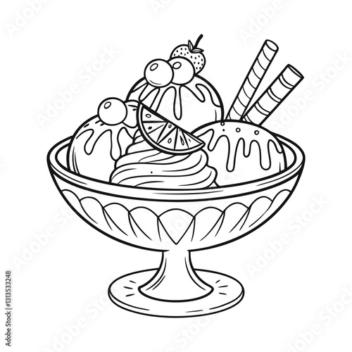 Black and White Line Drawing of Ice Cream Sundae with Toppings in Ornate Glass Bowl