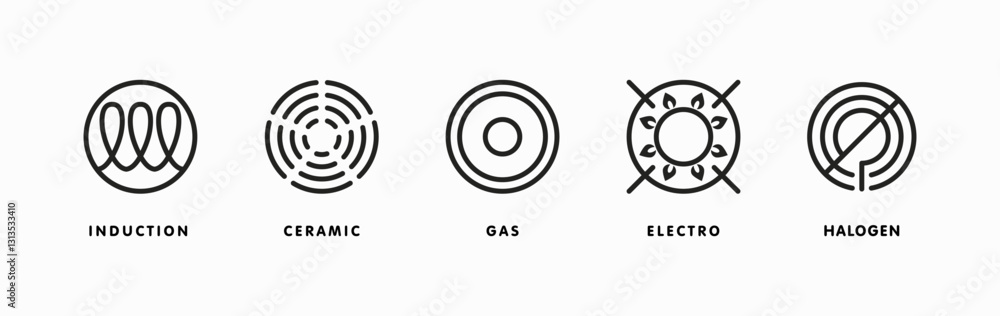 Φωτογραφία Icon of induction, electric hob, gas cooking stove, ceramic oven grate cooker and halogen stove