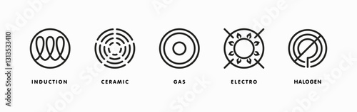 Icon of induction, electric hob, gas cooking stove, ceramic oven grate cooker and halogen stove. Top view symbol or logo template. Vector illustration
