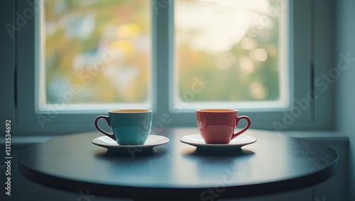 Wallpaper Mural Two coffee cups by window, warm sunlight Torontodigital.ca