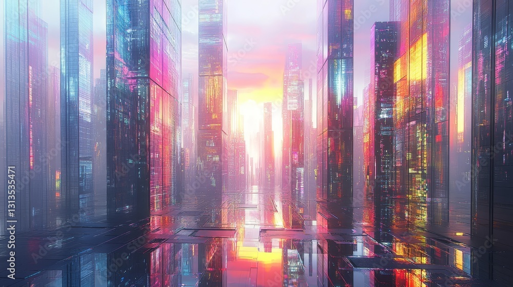 Fototapeta premium Futuristic cityscape with vibrant reflections illuminating towering architecture at dusk providing a stunning urban panorama