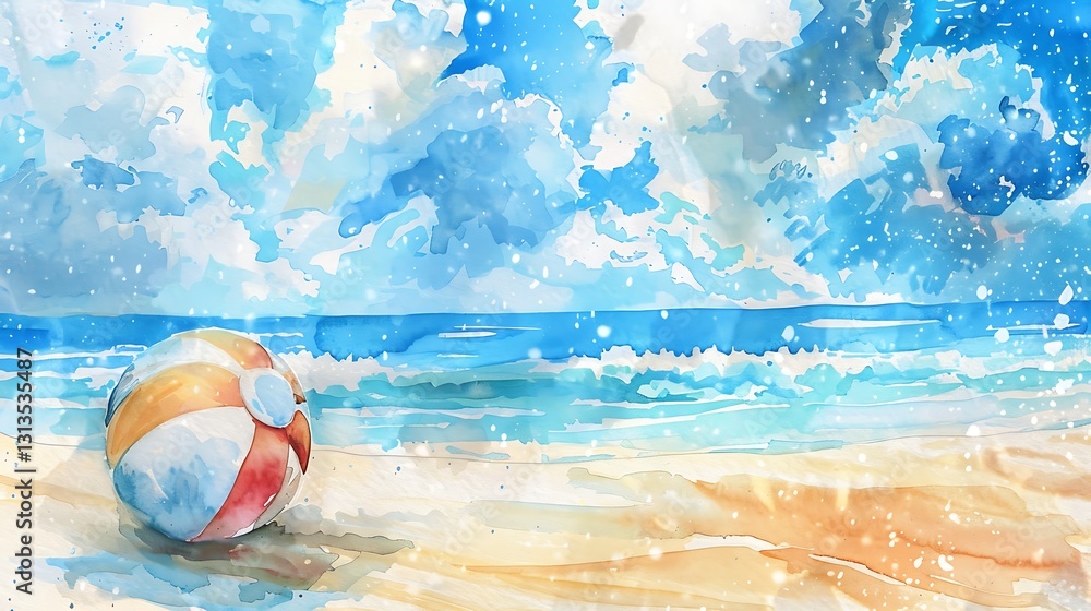 Obraz premium A hand-painted watercolor illustration of a cute beach ball bouncing on soft sand, with gentle waves in the background, 8k UHD, suitable for high-quality printing or digital display. 