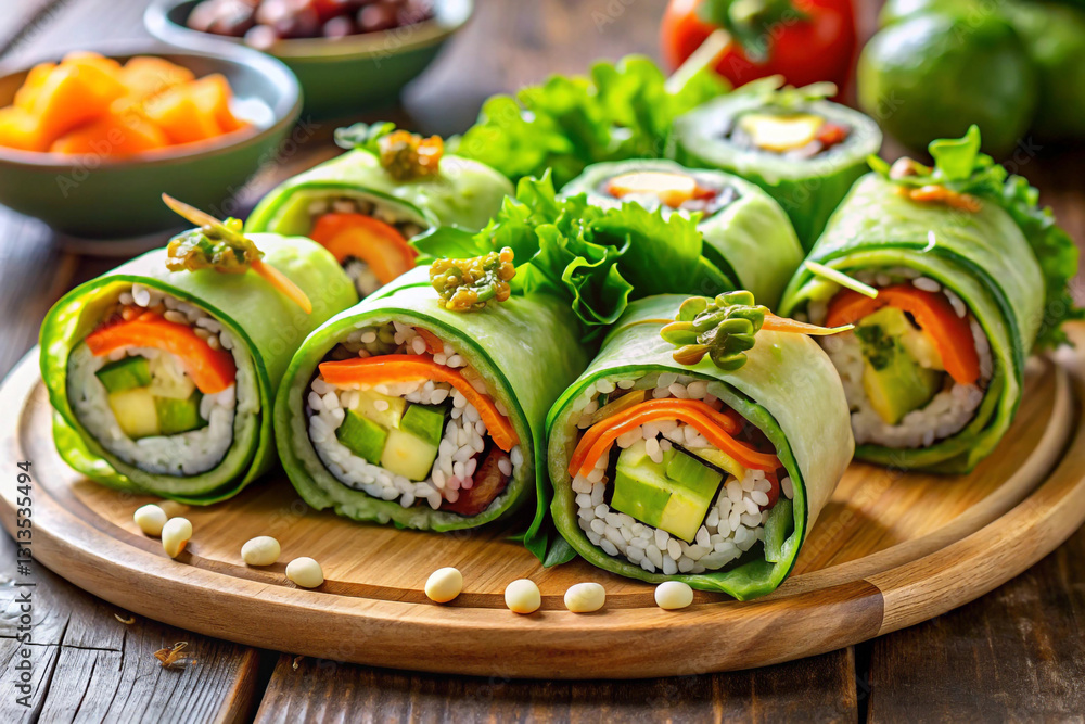 A fusion of salad and sushi creating salad rolls that use greens and veggies instead of traditional rice and fish A fusion of salad and sushi creating salad rolls that use greens and veggies instead of traditional rice and fish