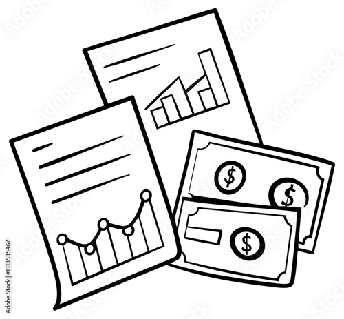 Financial documents with charts and cash, illustrating money management concepts.