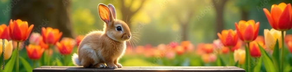 Obraz premium Fluffy bunny sits on park bench amidst vibrant tulips , Easter, bunny, bench seat