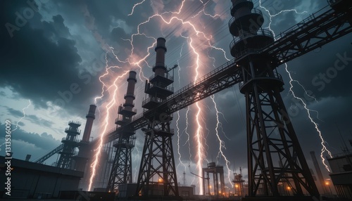 Dramatic Lightning Strikes Near Industrial Power Plant at Night