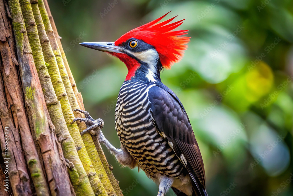 Fototapeta premium A medium sized woodpecker with a black and-white striped back and a vibrant crimson