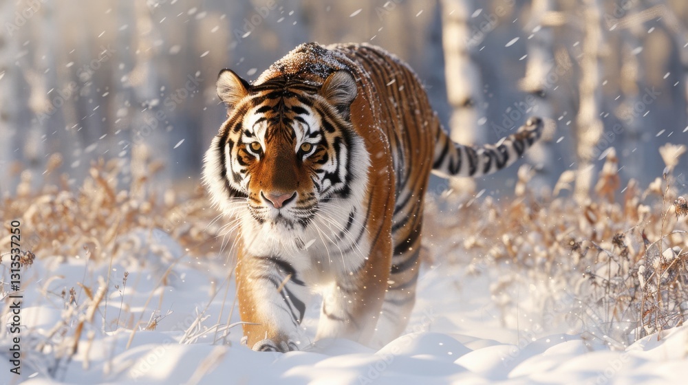 Obraz premium Majestic Tiger Wanders Through Snowy Forest During Winter Season with Snowflakes Falling in the Background