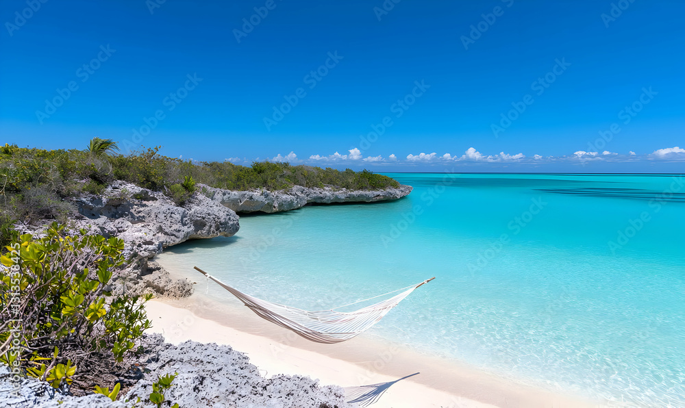 Tranquil Beach Scene with Hammock Under Clear Blue Sky and Sea Tranquil Beach Scene with Hammock Under Clear Blue Sky and Sea