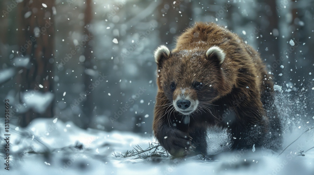 Obraz premium Majestic Bear Roaming Through Snowy Forest in Winter Wonderland