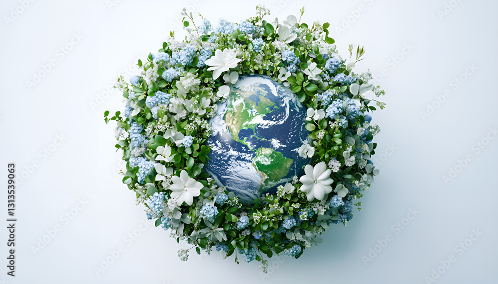 beautiful arrangement of flowers forming the shape of planet Earth, with green flowers representing the continents and blue flowers representing the oceans beautiful arrangement of flowers forming the shape of planet Earth, with green flowers representing the continents and blue flowers representing the oceans