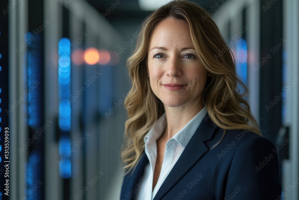 Confident businesswoman in a data center, showcasing expertise and leadership in technology. Confident businesswoman in a data center, showcasing expertise and leadership in technology.